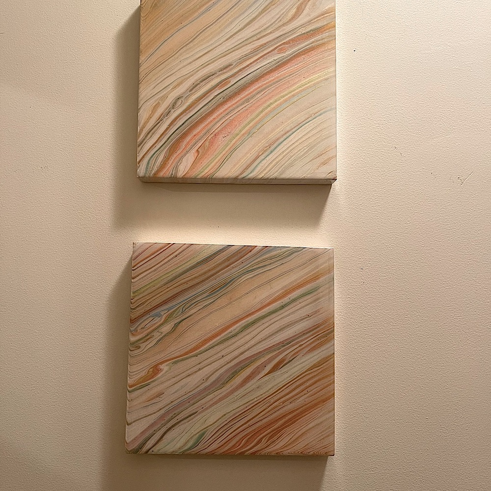 Original art 8x8” wooden panel paintings, acrylic pour with resin, soft pastels